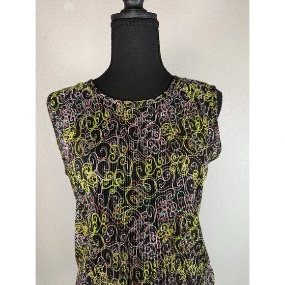 Y2K PLISSE‎ SLEEVELESS TOP TANK LARGE COLORFUL PRINT - Picture 3 of 7
